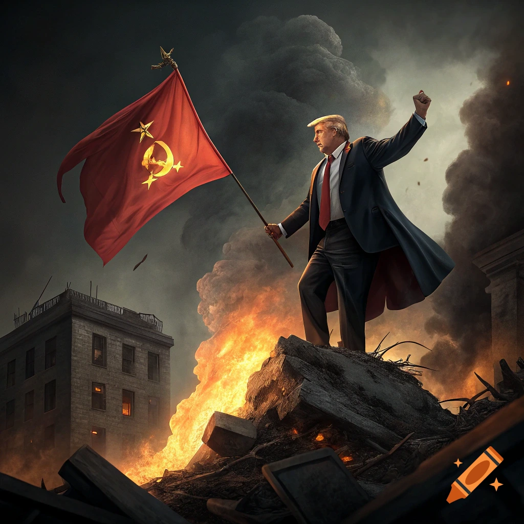 Donald Trump stands on rubble, waving a Soviet flag amidst fire and smoke.