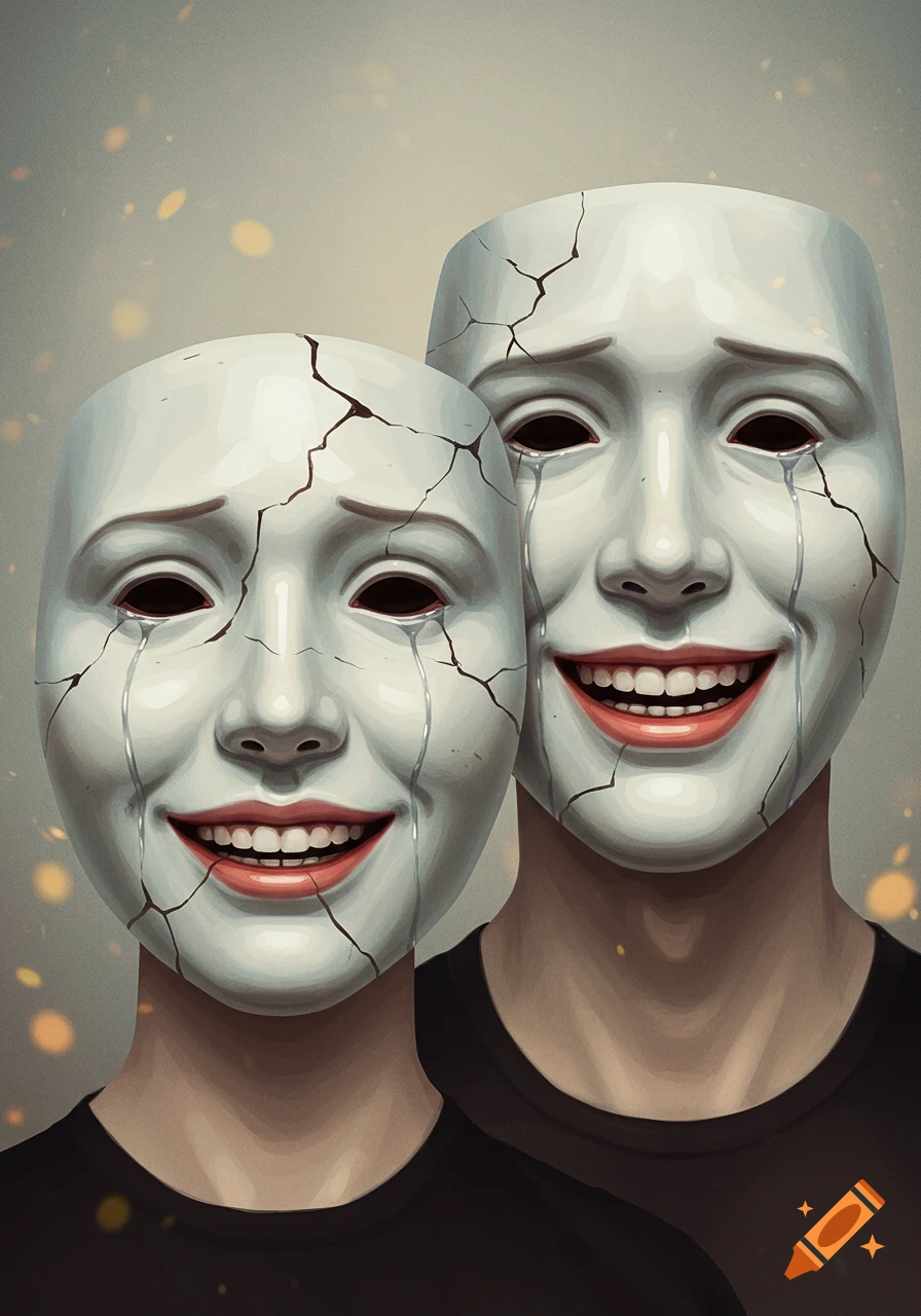 Two figures wear cracked white masks with smiling mouths and tear-streaked cheeks, revealing hidden sadness beneath.