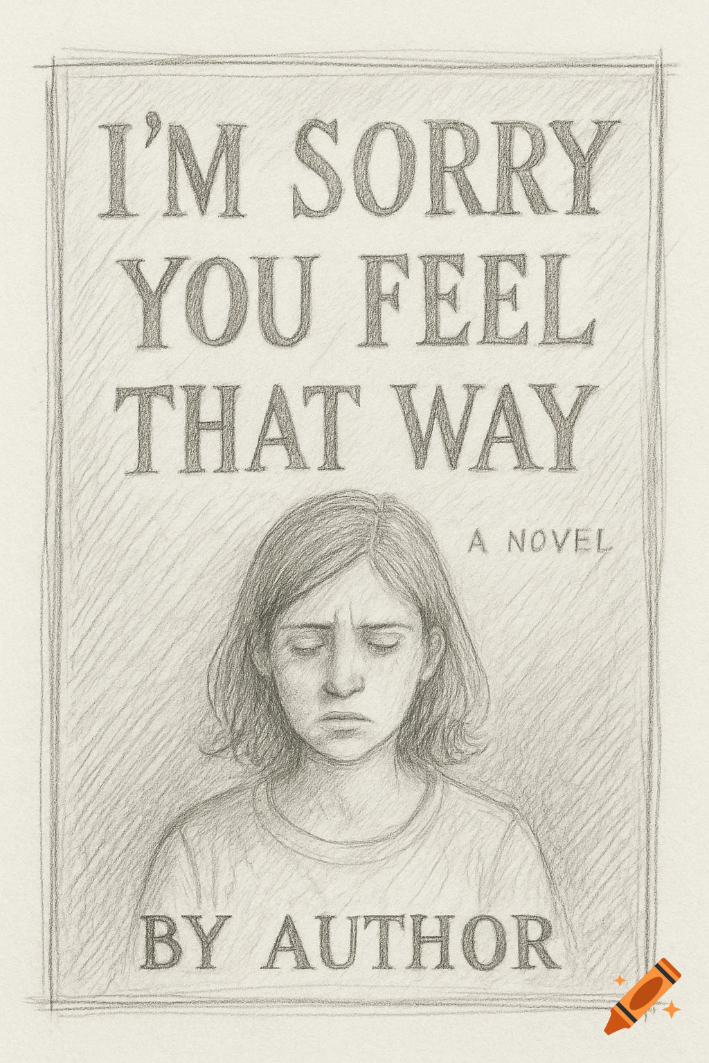 Pencil sketch book cover titled 'I'M SORRY YOU FEEL THAT WAY' featuring a sad woman below.