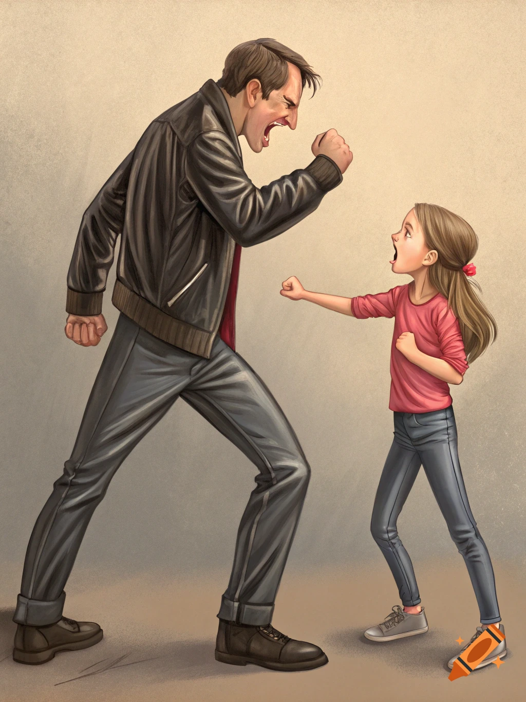 Illustration of an angry man and girl facing each other aggressively