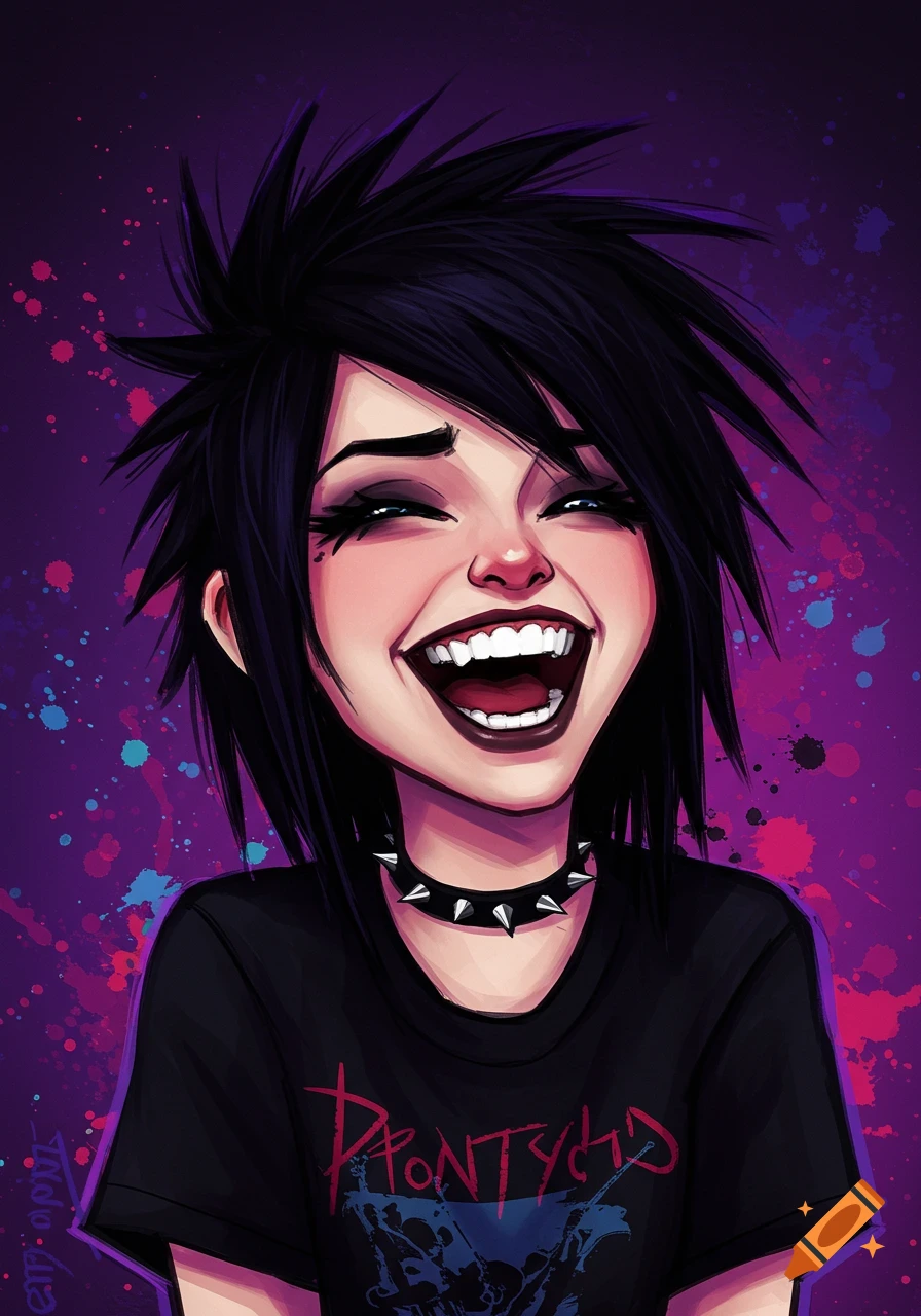 Cartoon portrait of a laughing emo girl with spiky dark hair, heavy makeup, a studded collar, and a band t-shirt against a splattered background.