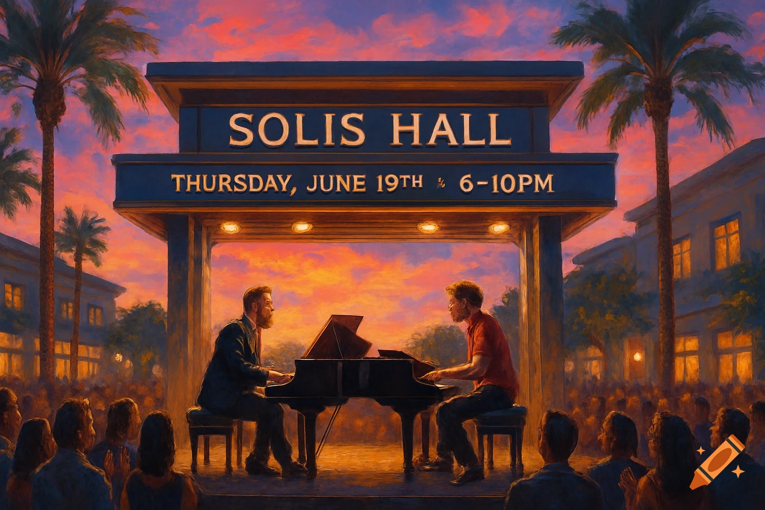 An outdoor sunset concert with two pianists playing grand pianos on a stage in front of an audience. A sign above reads 'Solis Hall'.