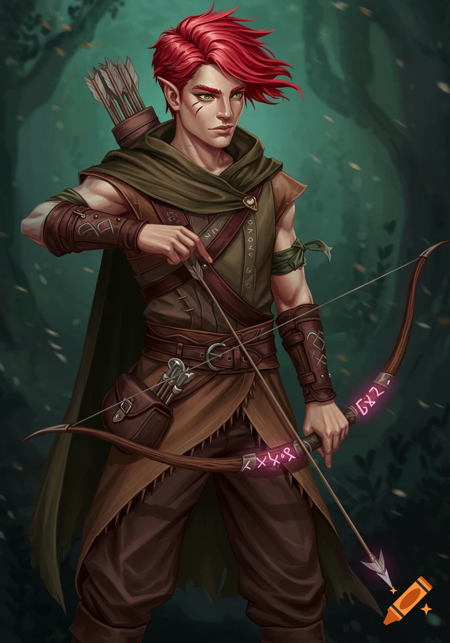 An illustration of an arcane archer character with red hair, wearing ranger-like gear and holding a bow.