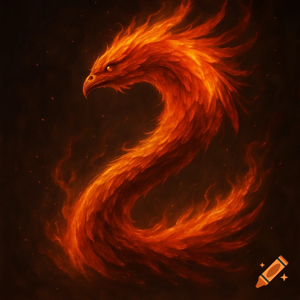 A fiery phoenix creature shaped like the number 2 against a dark background.