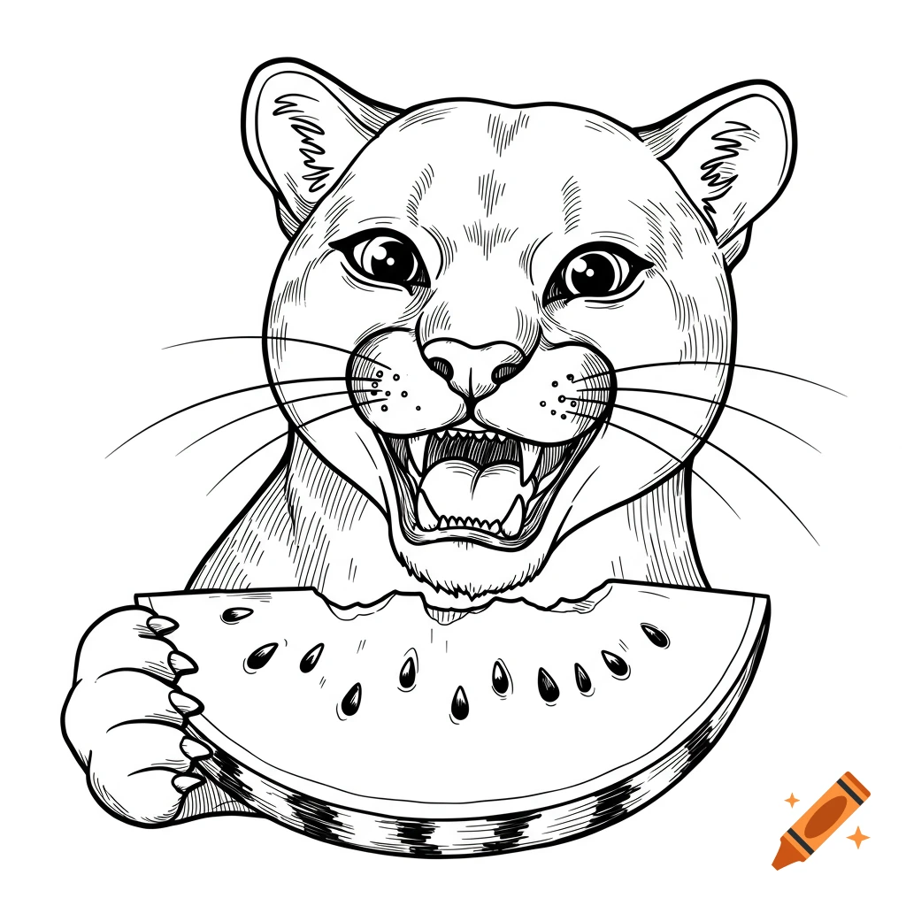 A line drawing of a happy cougar eating a slice of watermelon.