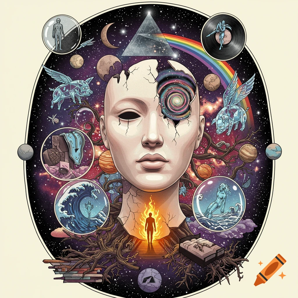 Surreal artwork of a cracked head revealing a galaxy, surrounded by cosmic and symbolic elements.