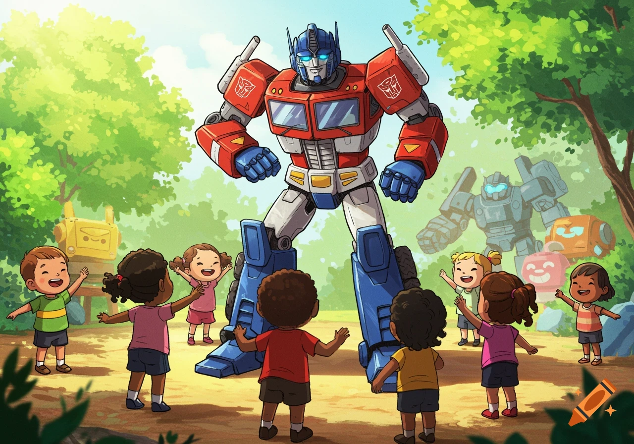Cartoon illustration of Optimus Prime surrounded by happy children in a park