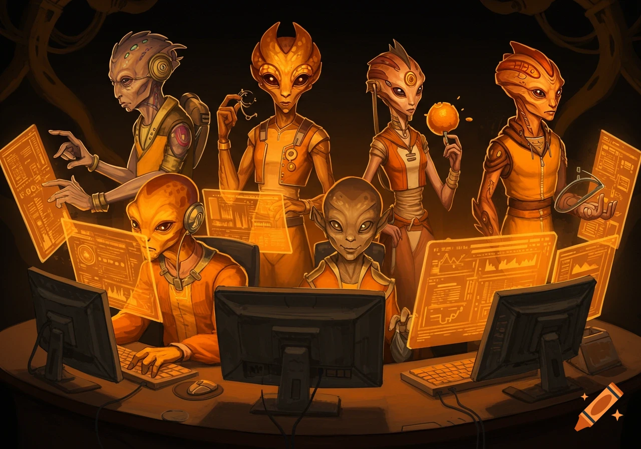 Illustrative depiction of several orange aliens working at computers with holographic displays