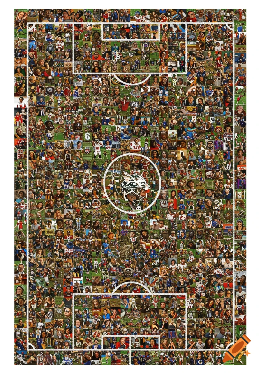 Mosaic collage of football players arranged to form a football field outline.