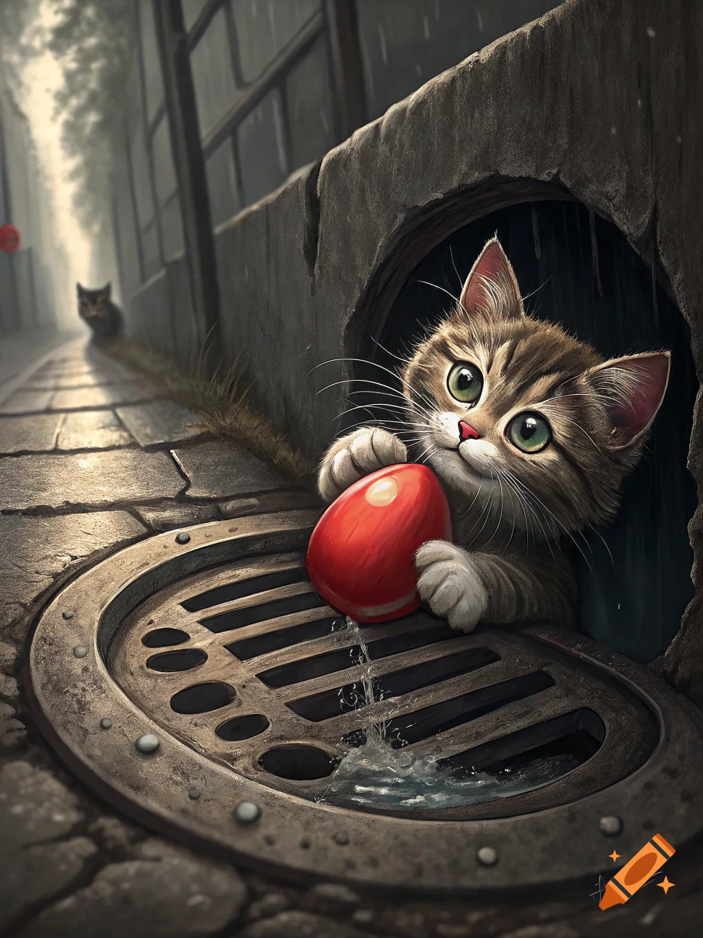 Cute kitten peeking from a sewer grate in the rain, holding a red egg, street illustration.