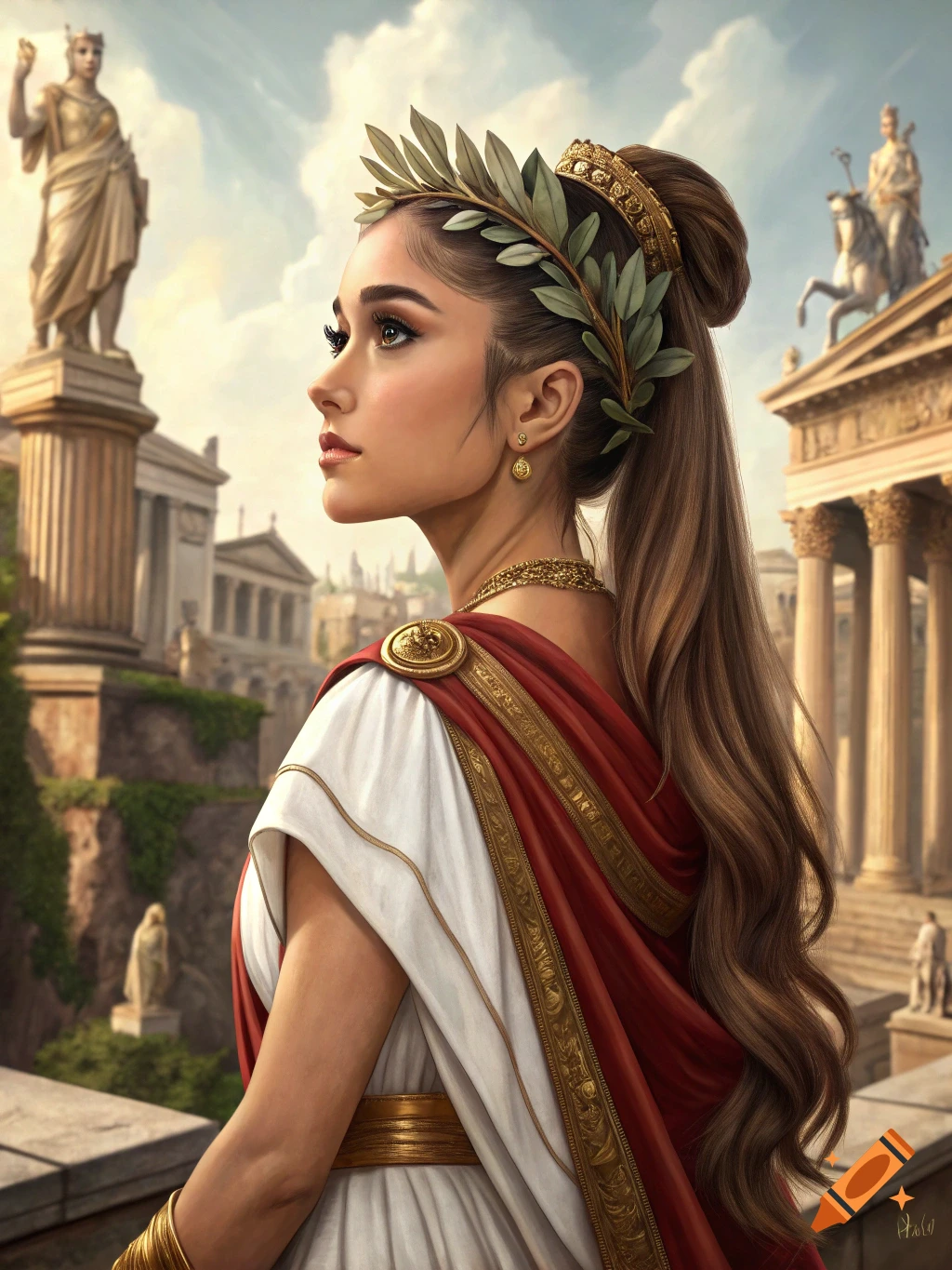 A woman in Roman attire with a laurel wreath stands on a balcony overlooking a classical city.