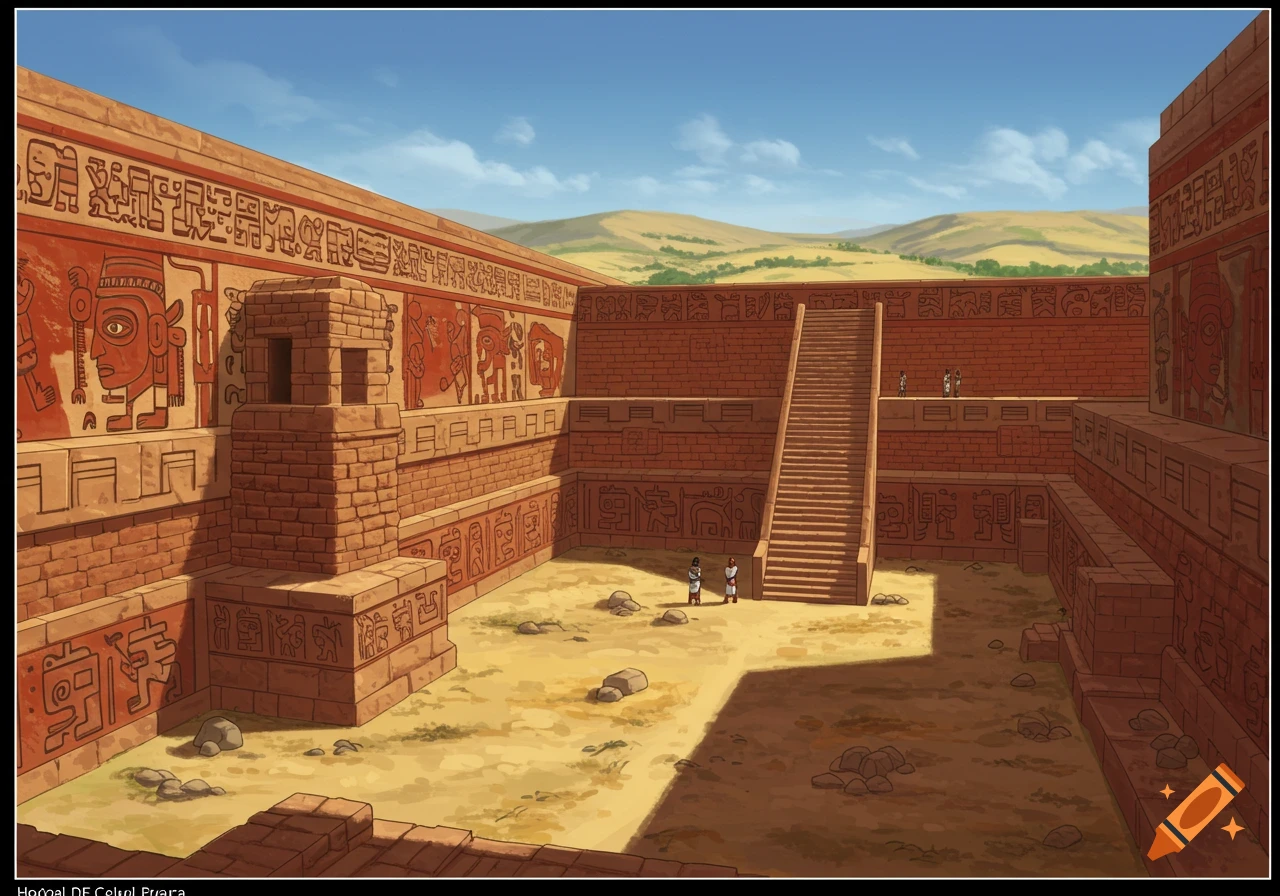 Illustration of an ancient temple or courtyard with large walls covered in carvings, steps, and figures.