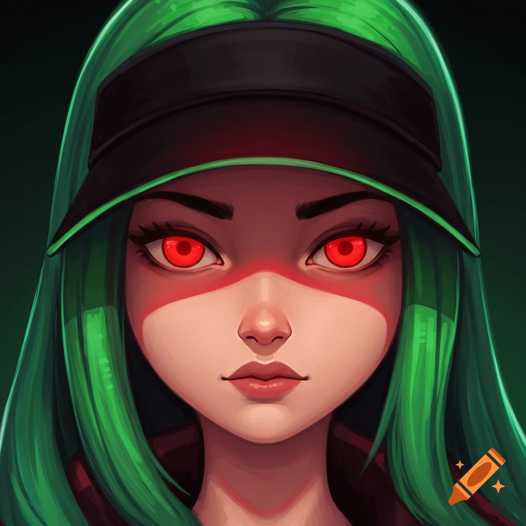 Stylized portrait of a woman with green hair, red eyes, and a black ...