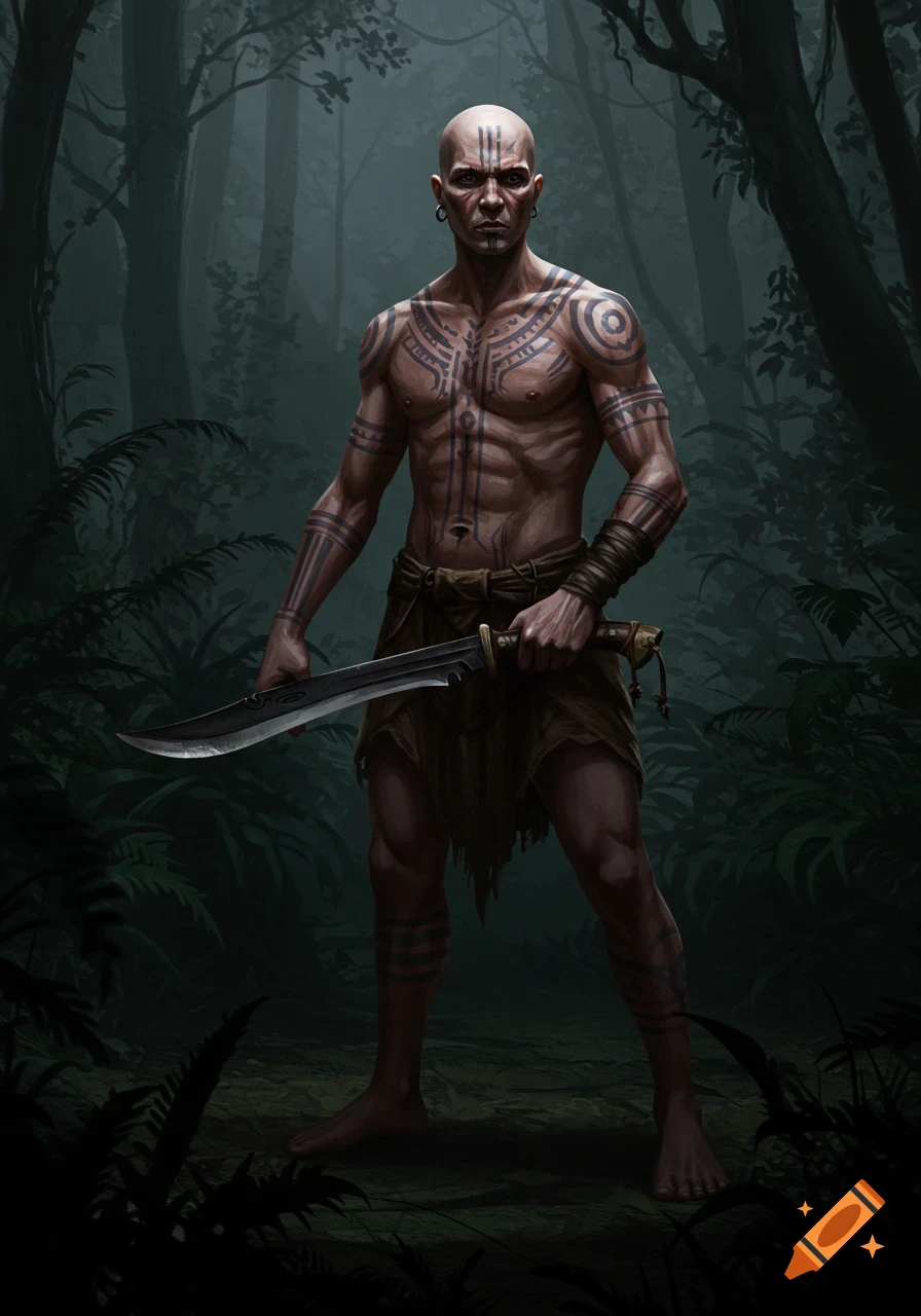 A bald, tattooed man holding a large knife stands in a dark forest.