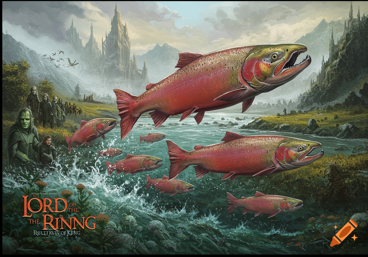 Illustration of giant salmons swimming up a river in a fantasy landscape with characters and a castle in the background.