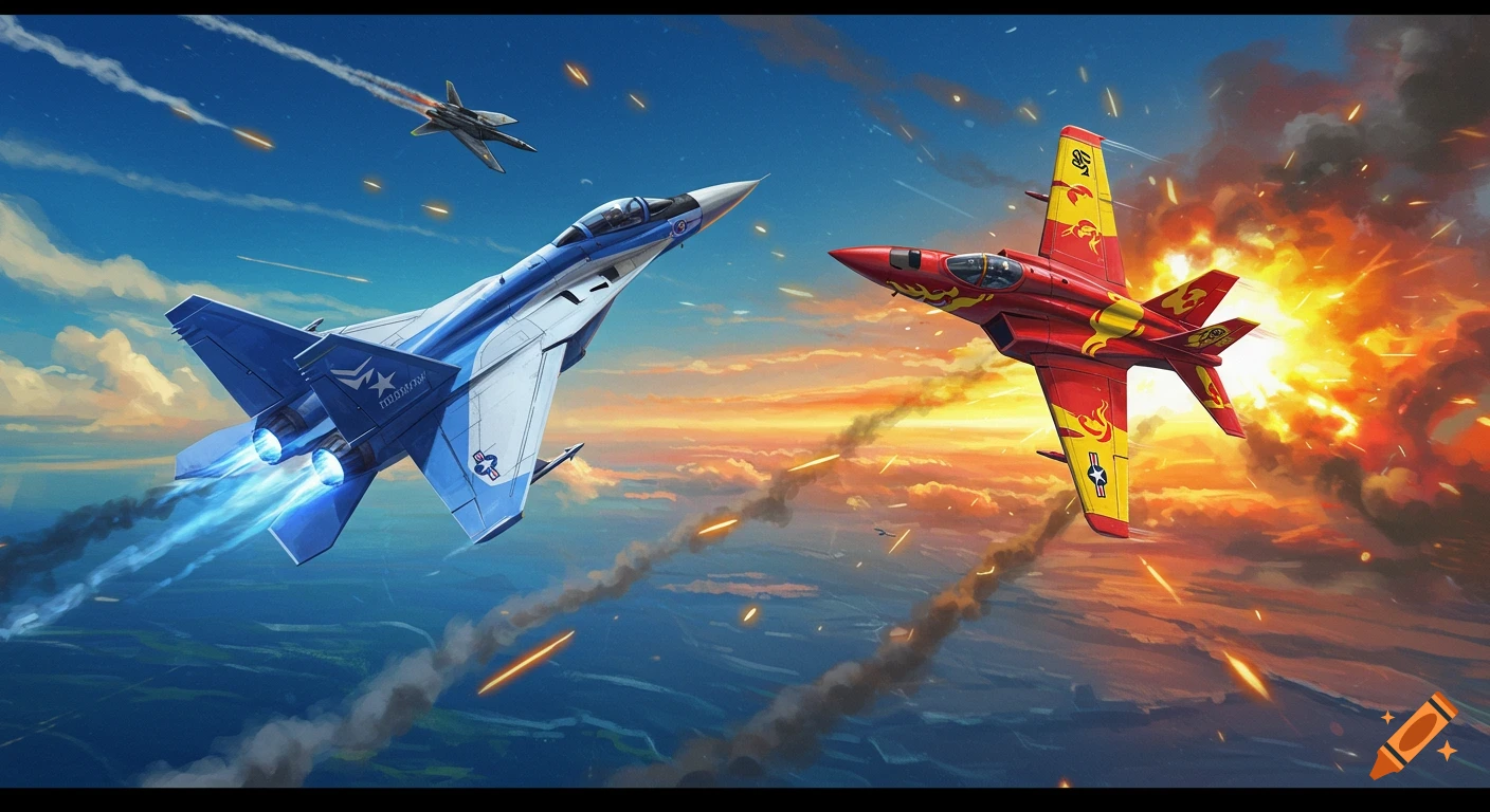 Colorful fighter jets dogfight in the sky, one blue and white, one red and yellow, with an explosion and missiles in an illustration style.