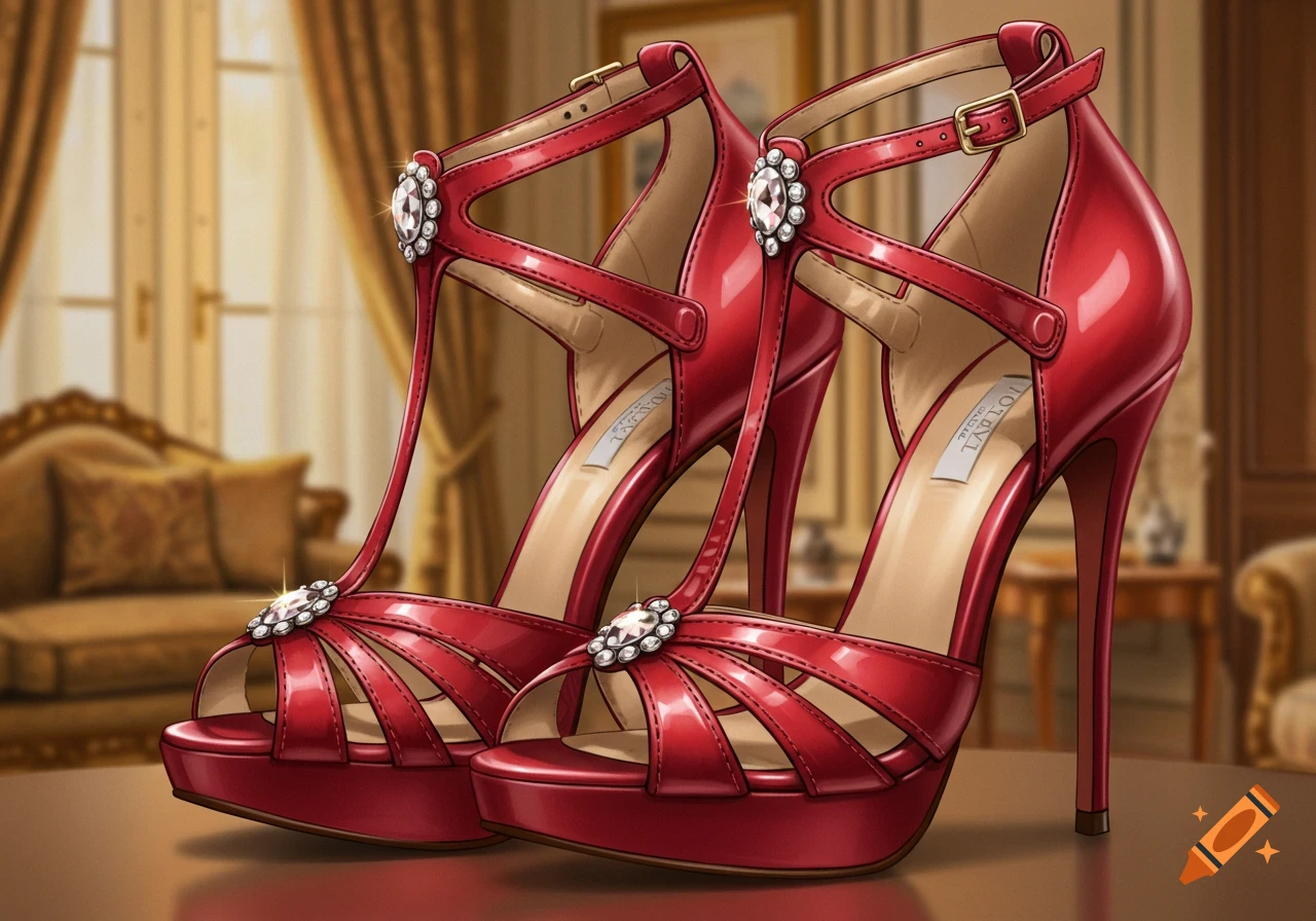Pair of red patent leather high heels with diamond-like embellishments on a table