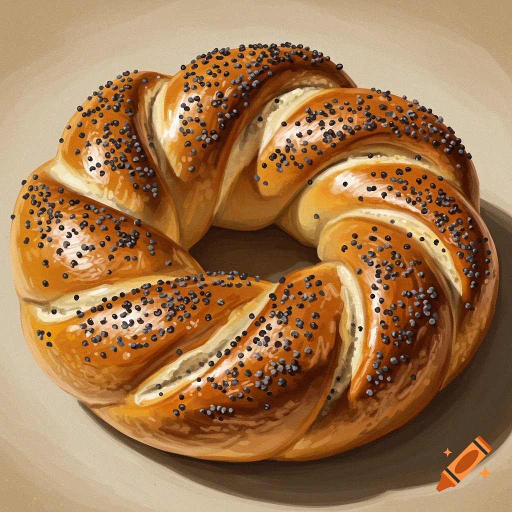 Close-up illustration of a braided poppy seed bagel