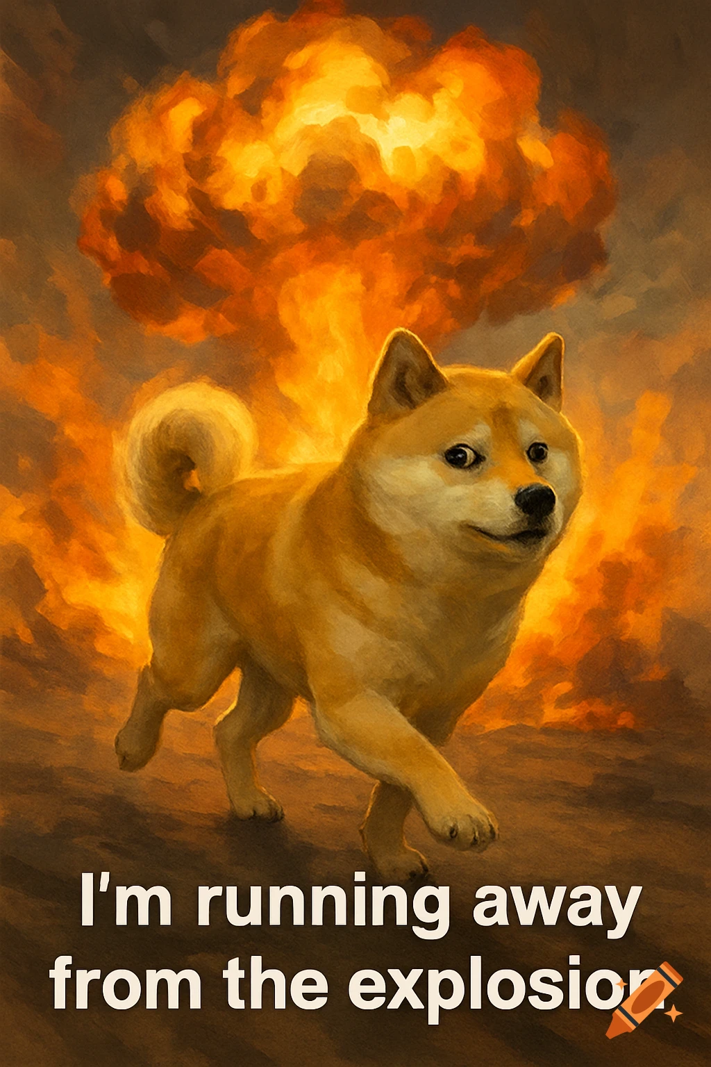 A Shiba Inu dog runs from a large explosion behind it. Text reads 'I'm running away from the explosion'.