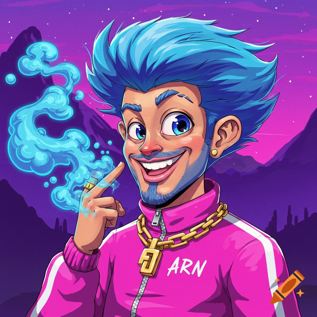 Cartoon man in pink tracksuit points at blue smoke in purple landscape