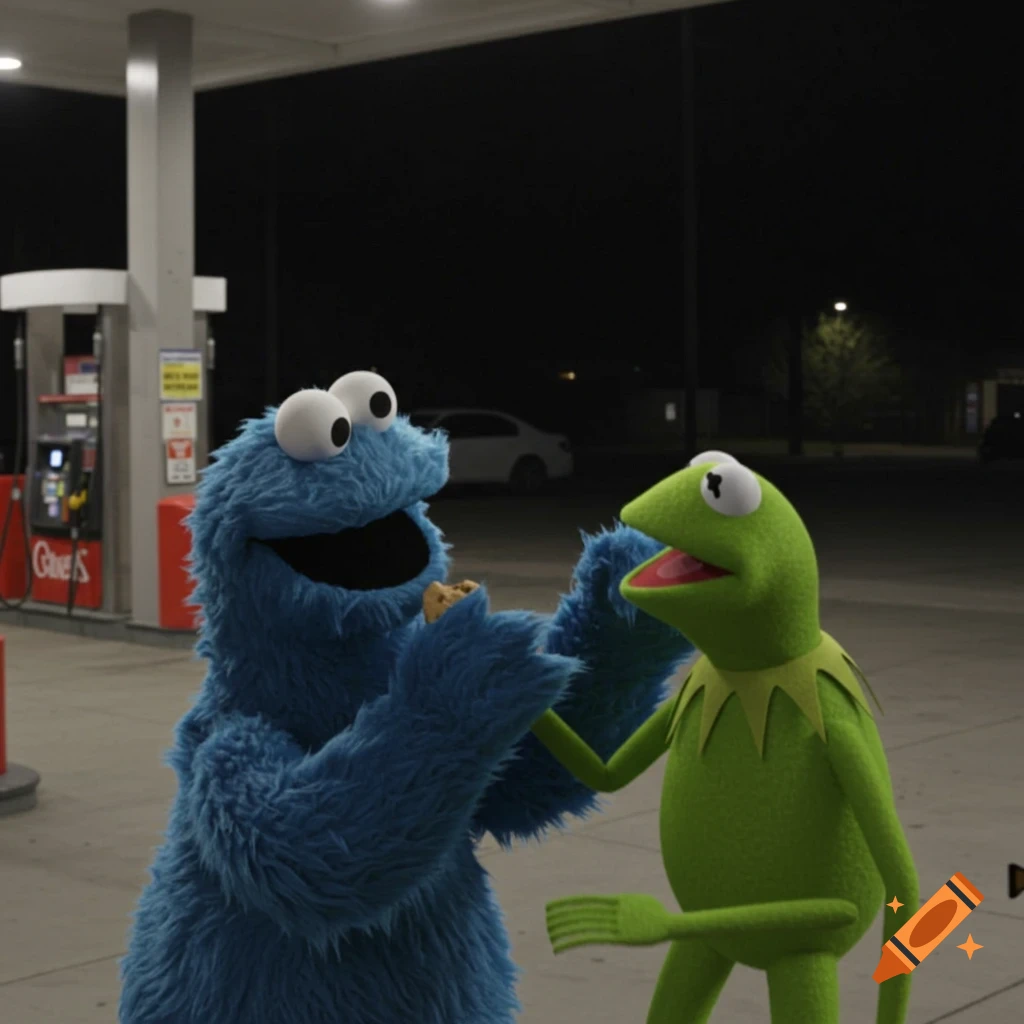 Cookie Monster offers a cookie to Kermit the Frog at a gas station at night.