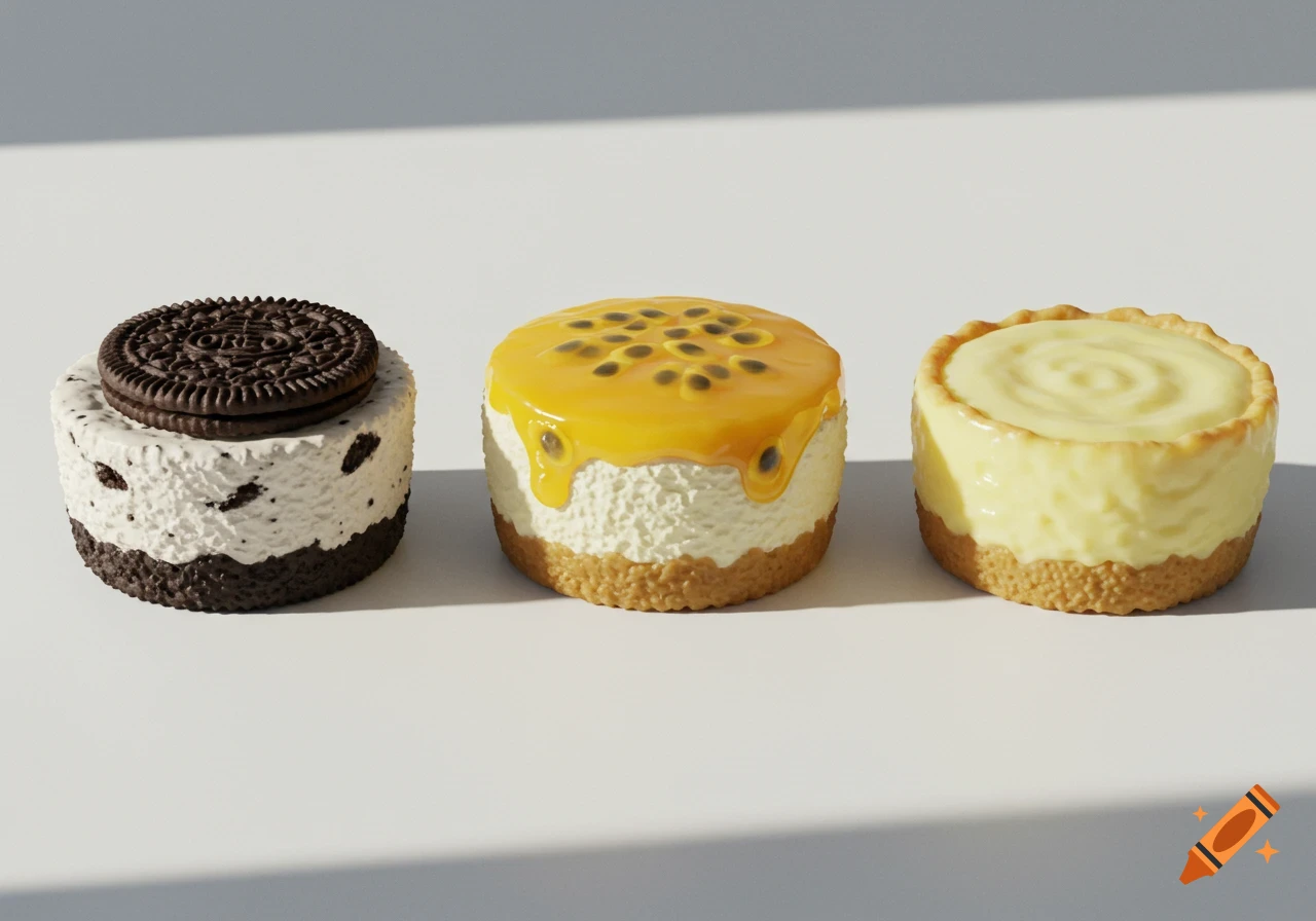 Three mini cheesecakes: Oreo, passion fruit, and key lime, in a photorealistic style