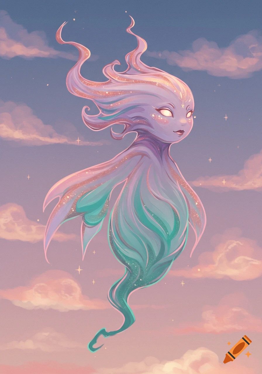 A glowing, ethereal wisp creature with wavy hair and fin-like arms floats in a pastel sky with clouds and stars.