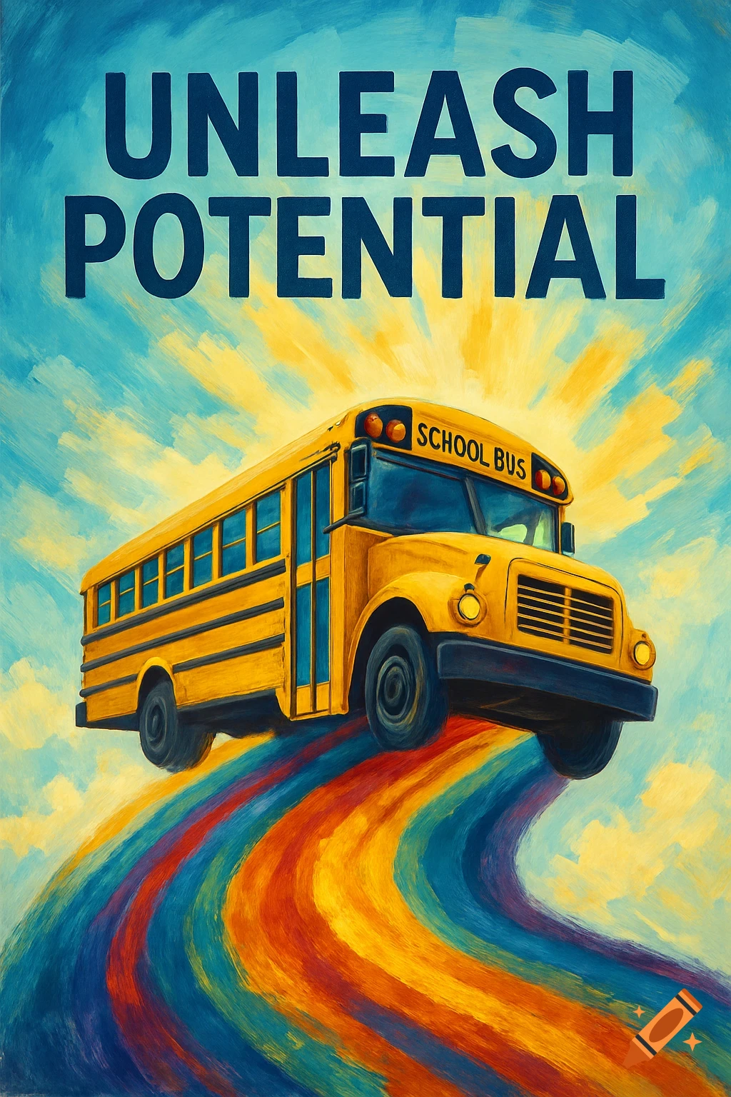A yellow school bus drives on a rainbow road beneath text 'UNLEASH POTENTIAL' under a bright sky. Painting style.