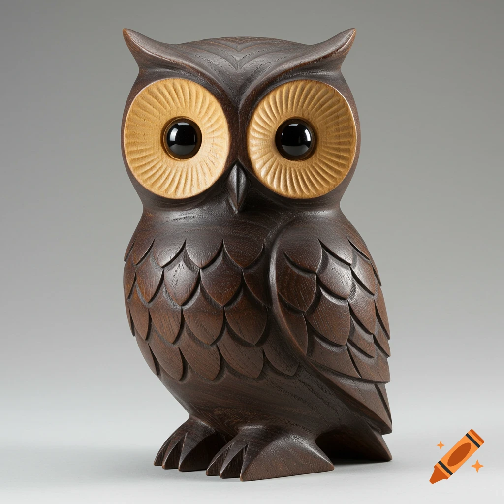 A dark wooden carving of a stylized owl.