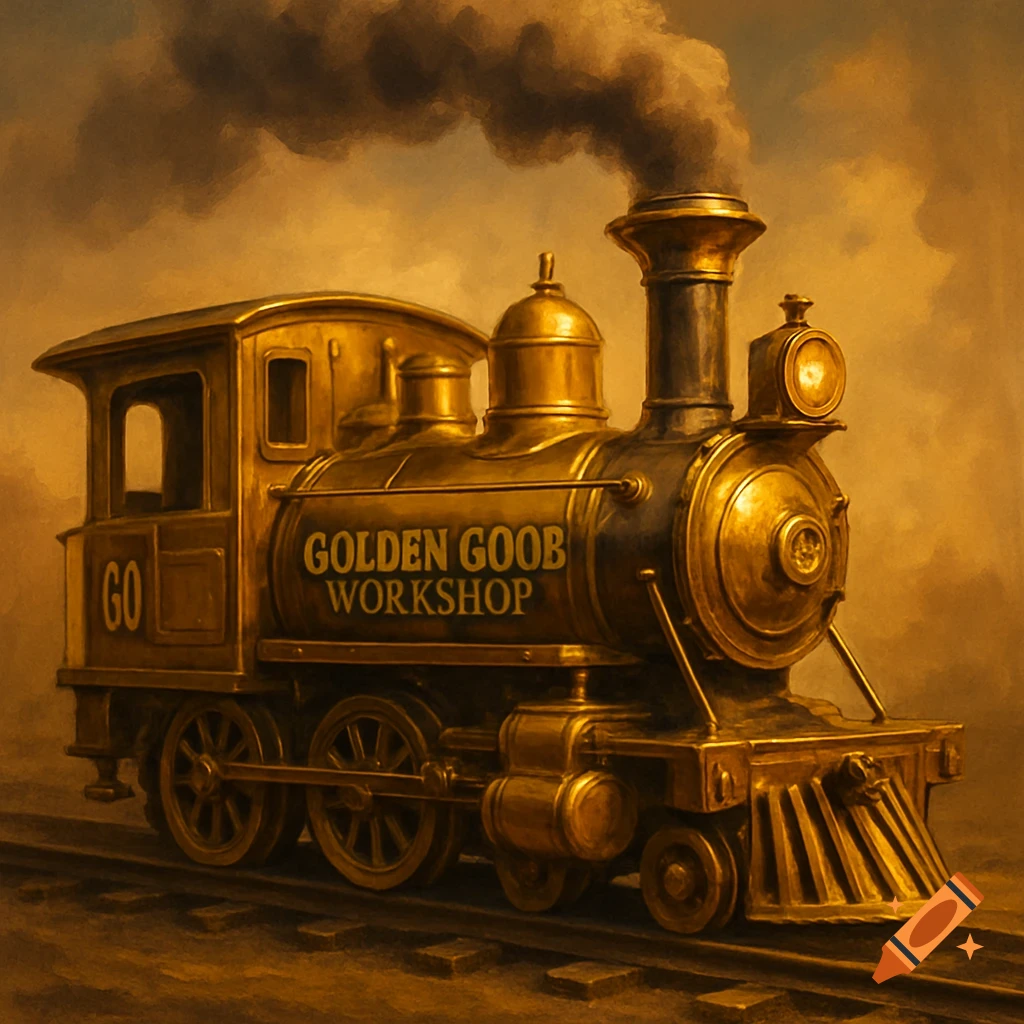 A golden steam train chugs along tracks, emitting dark smoke, in a vintage art style.