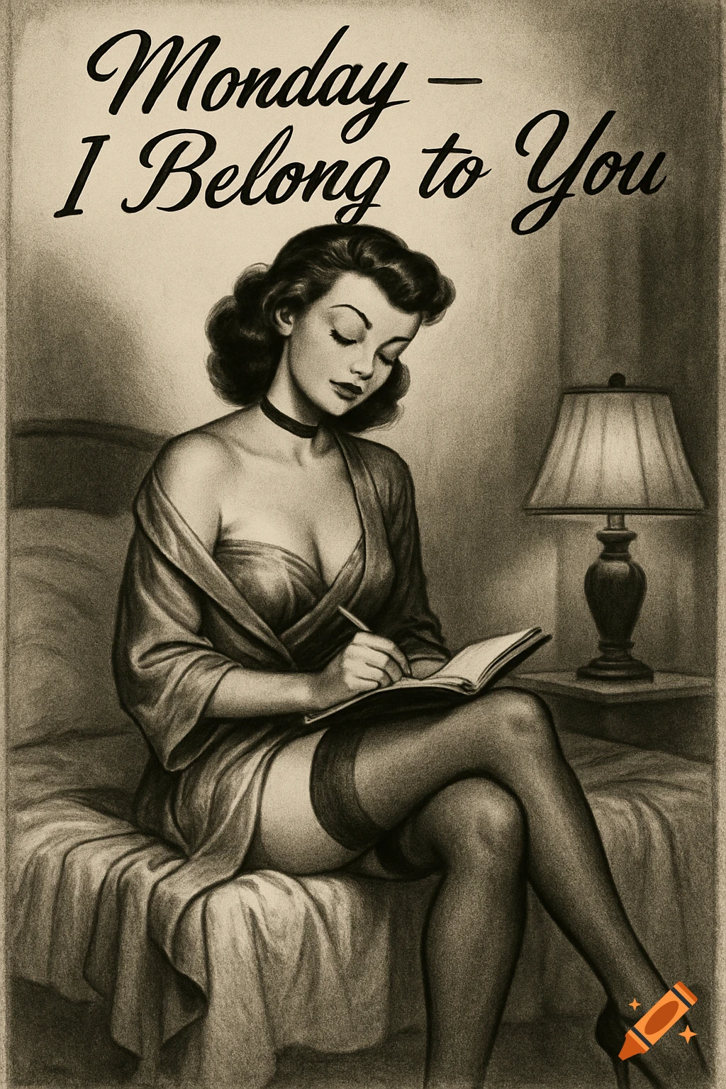 Vintage pin-up drawing of a woman on a bed writing in a journal with text above her