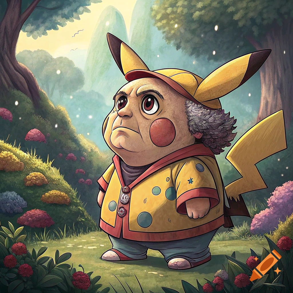 Cartoon illustration of a character resembling Danny DeVito as a Pikachu in a forest setting.