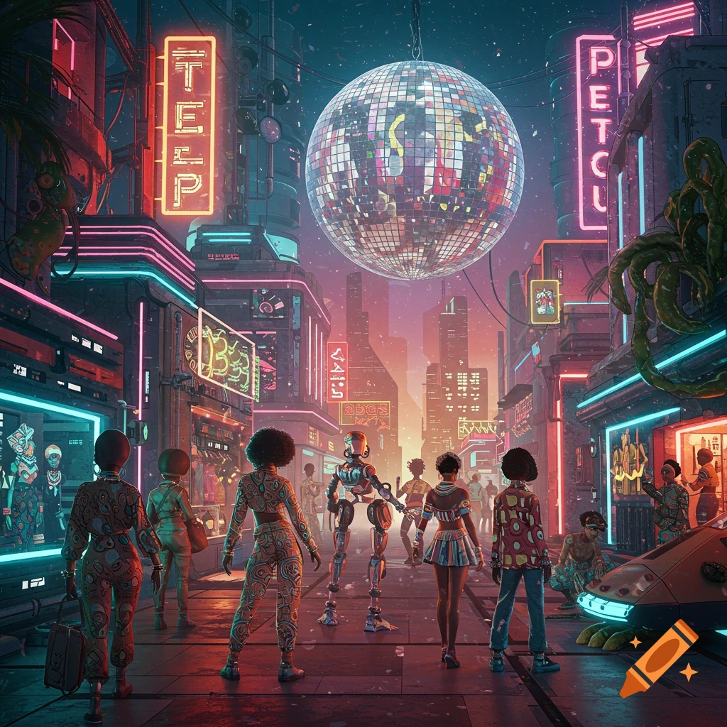 Afrofuturistic cityscape with people, a robot, neon signs, and a large disco ball floating overhead.