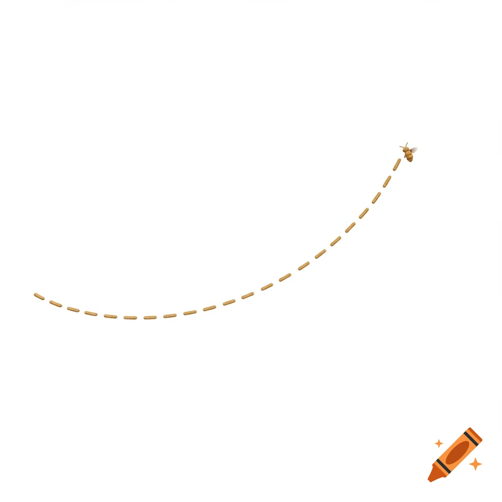 A bee flies along a dashed brown trail on a white background.