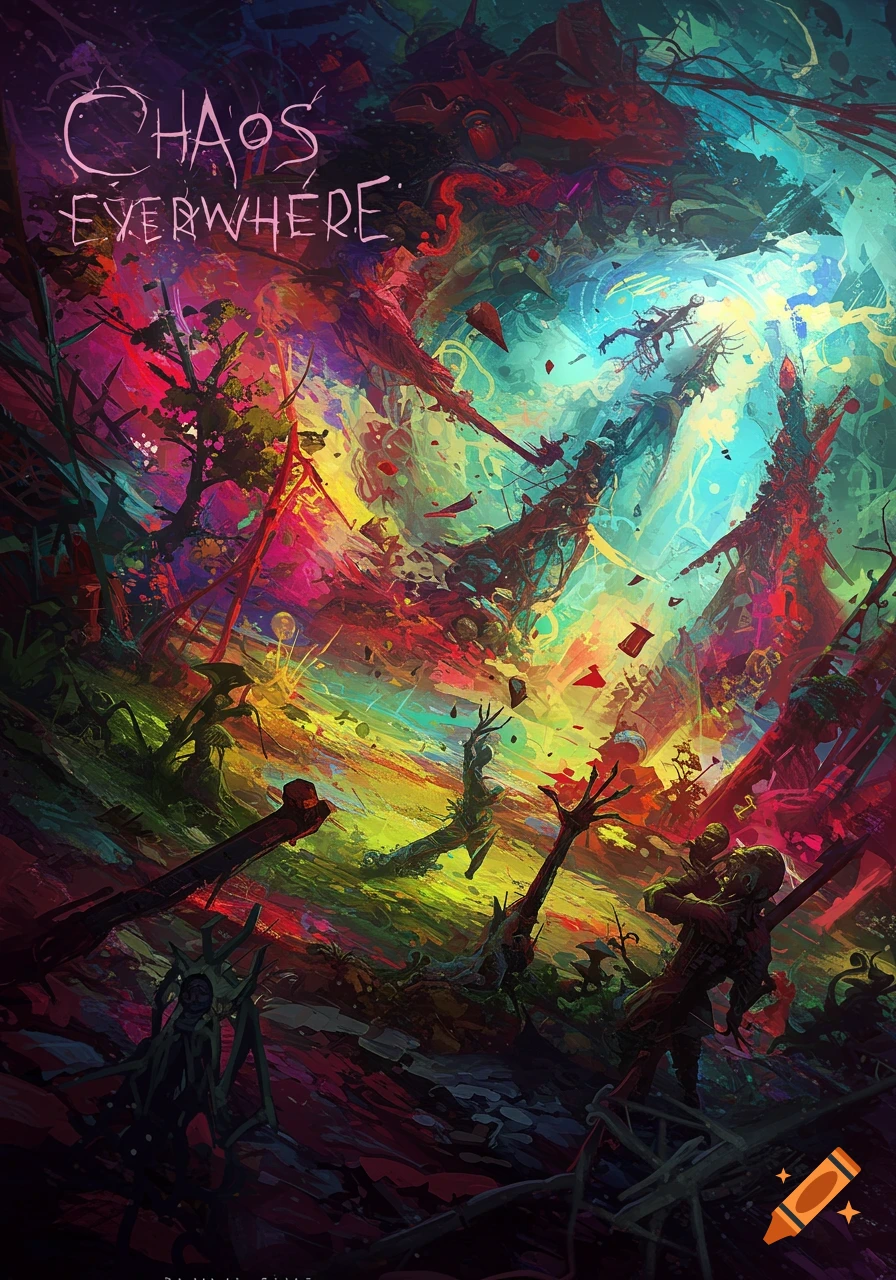 Vibrant abstract painting titled CHAOS EVERYWHERE with distorted shapes and colors.