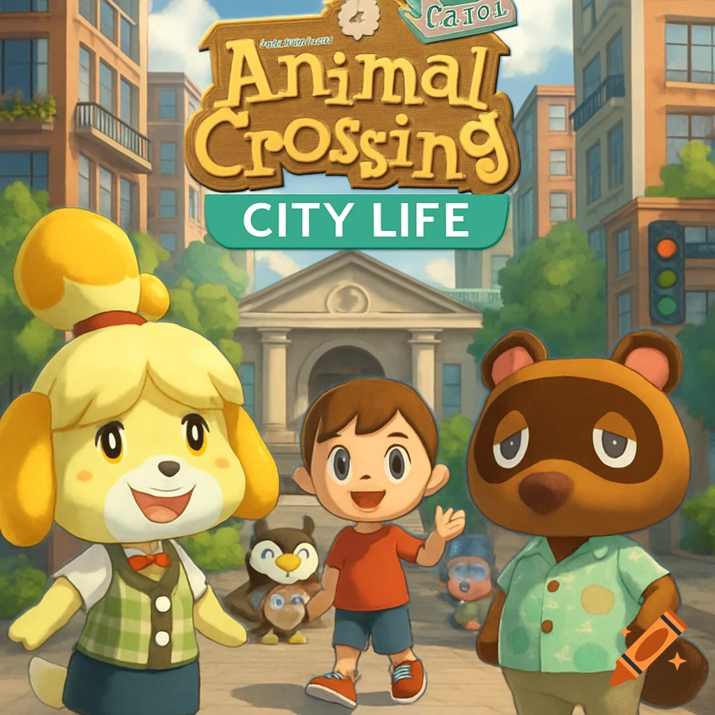 Animal Crossing City Life game cover art with Isabelle, Tom Nook, villager, and Blathers on a city street.