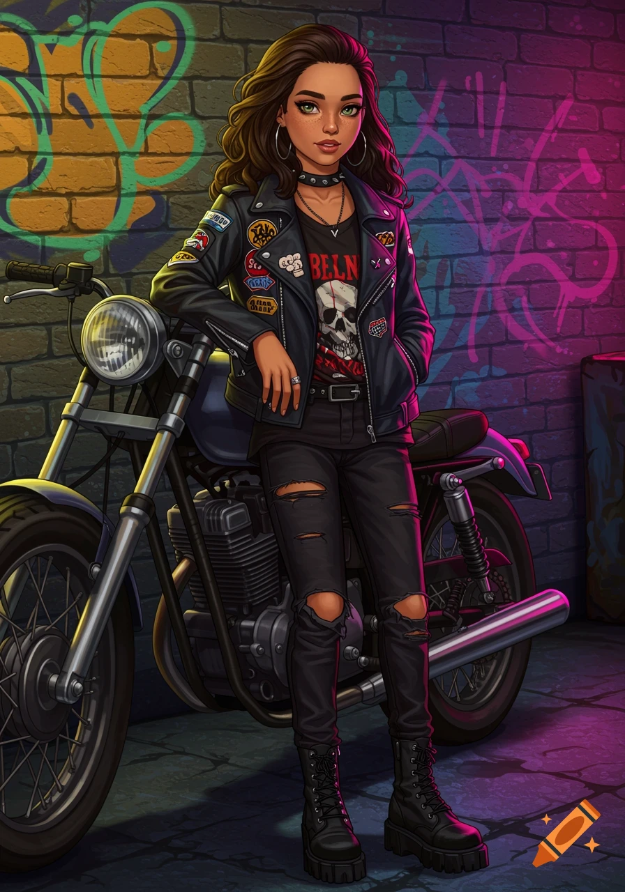 A cartoon-style girl with dark hair and green eyes in a biker jacket and ripped jeans leans on a motorcycle in front of a graffiti wall.