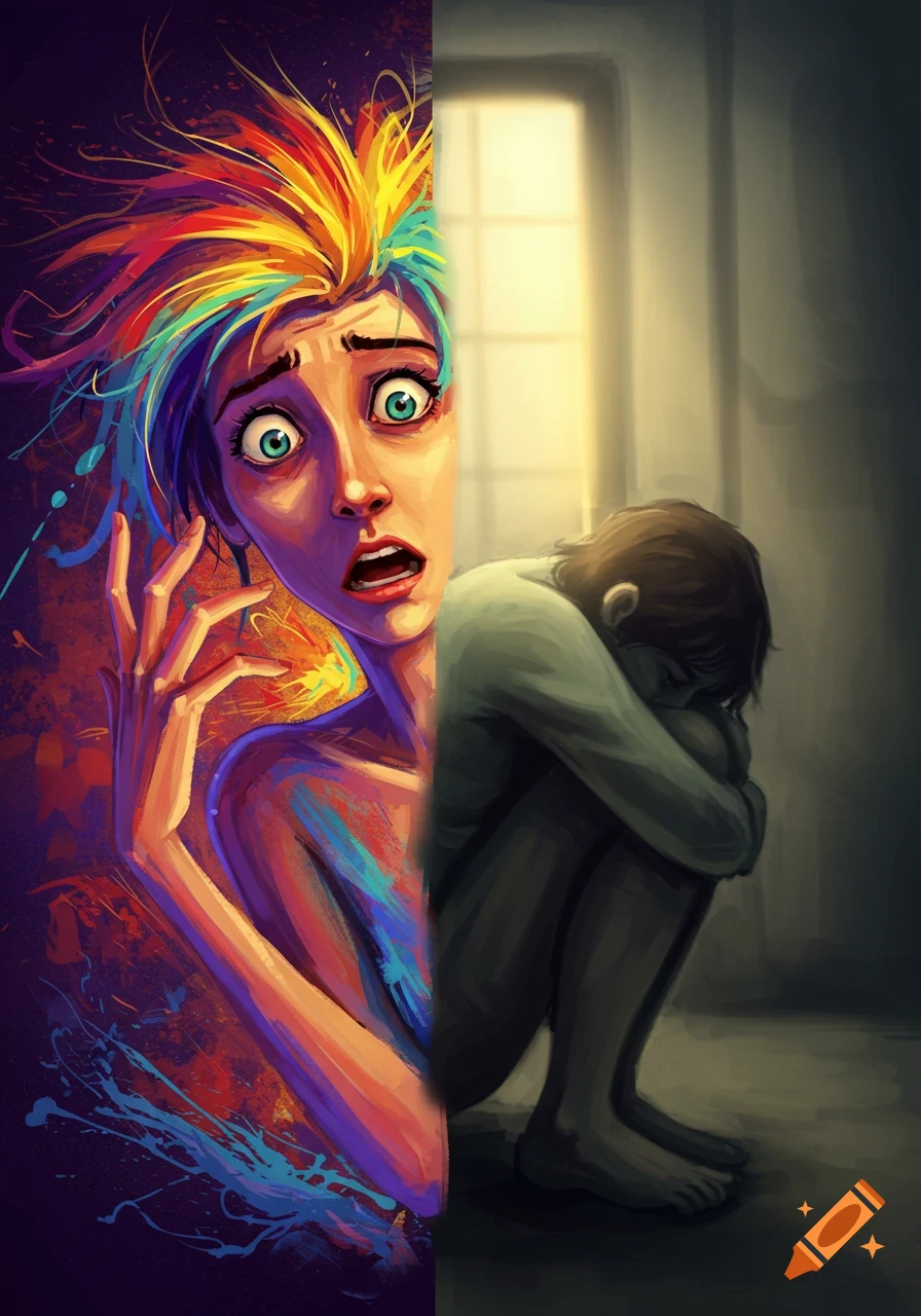 Split image showing manic person with colorful hair on left and depressed person huddled in dark room on right.