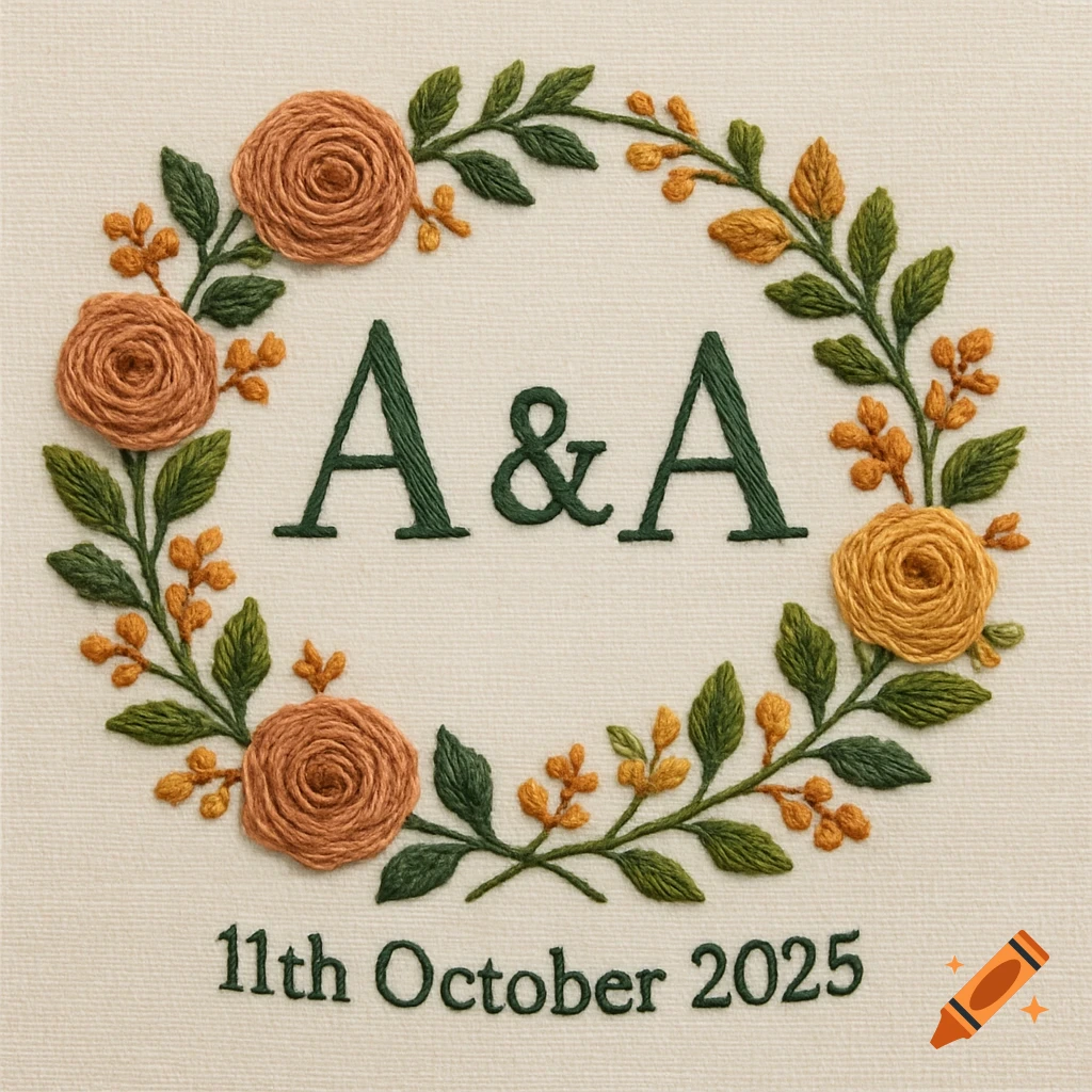 Embroidery of a floral wreath with the initials A&A and the date 11th October 2025