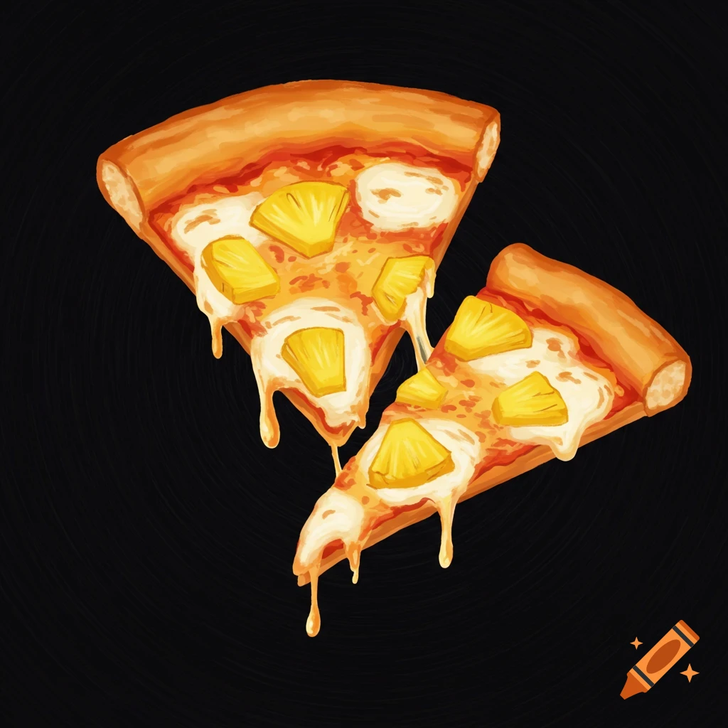 Two illustrative slices of pineapple pizza with melting cheese on a dark background.