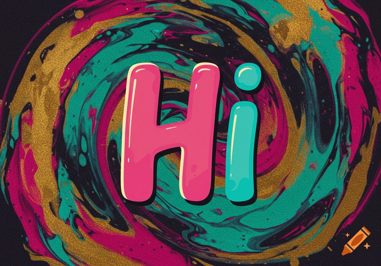 The word Hi in bubbly pink and teal letters over a swirling gold and teal paint background.