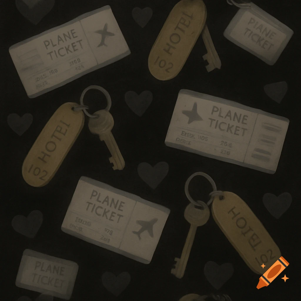A pattern of airplane tickets, hotel keys with tags, and hearts on a black background.