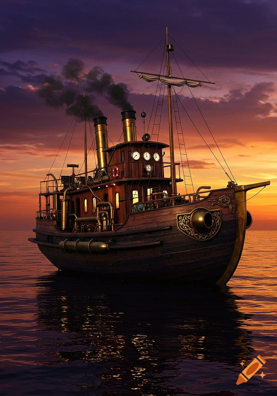 A steampunk boat floats on the water at sunset.