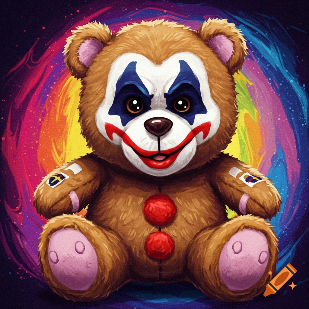 A teddy bear wearing clown-style face paint sits in front of a vibrant, swirling background.