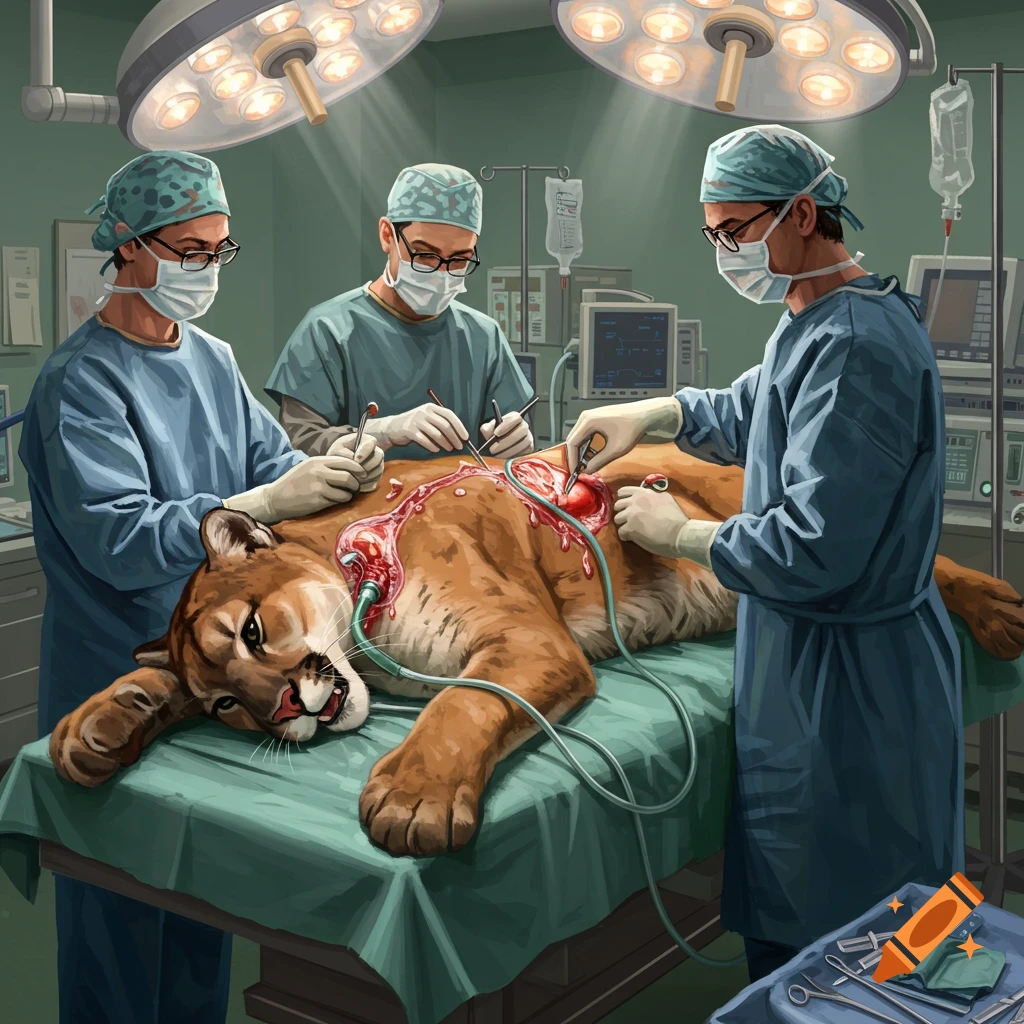 Three surgeons in an operating room performing surgery on a cougar laying on a table.