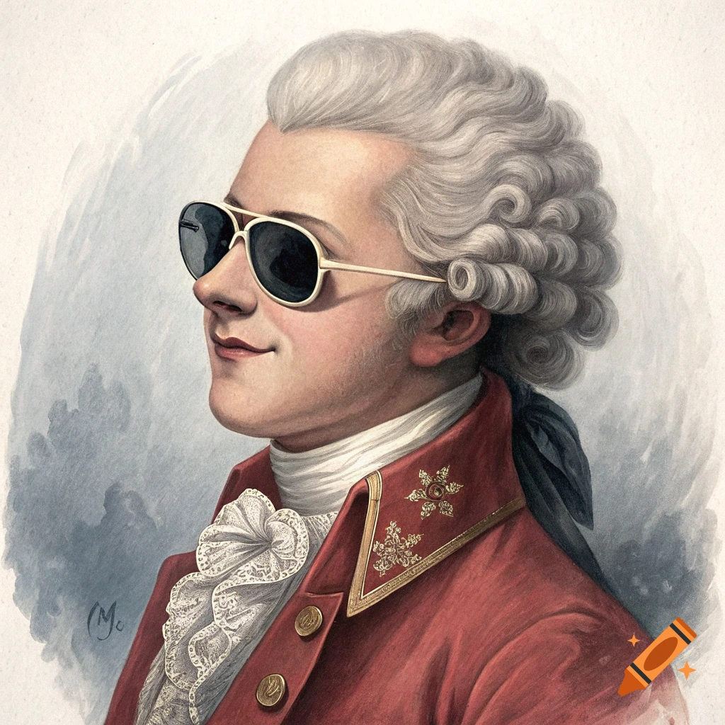 Portrait painting of Mozart wearing sunglasses