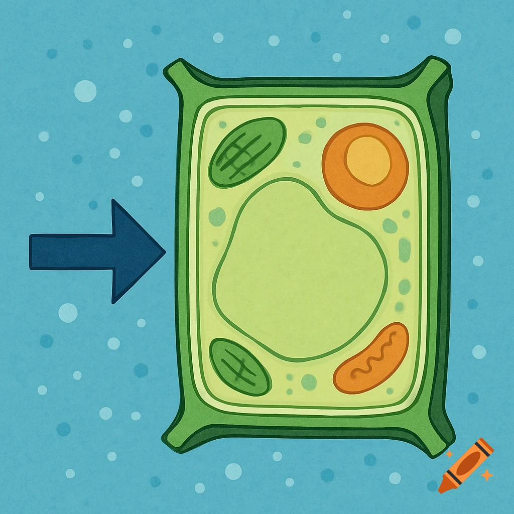 Illustration of a plant cell with an arrow pointing towards it.