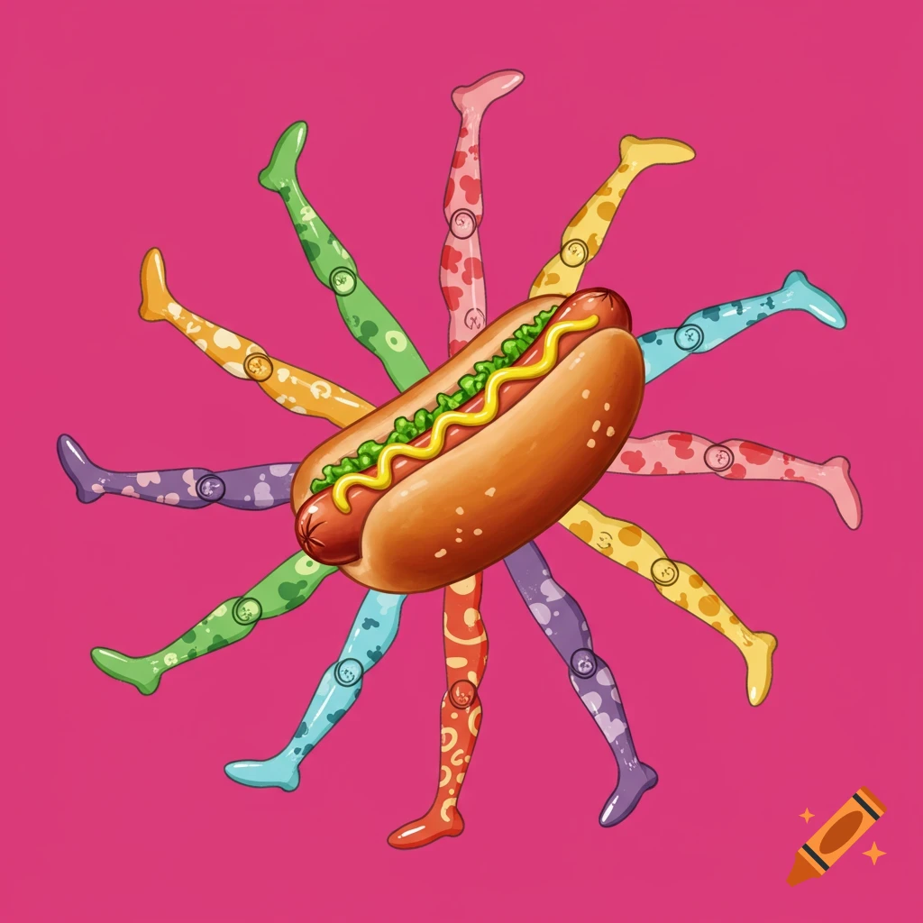 A cartoon hot dog with legs arranged radially around it on a pink background.