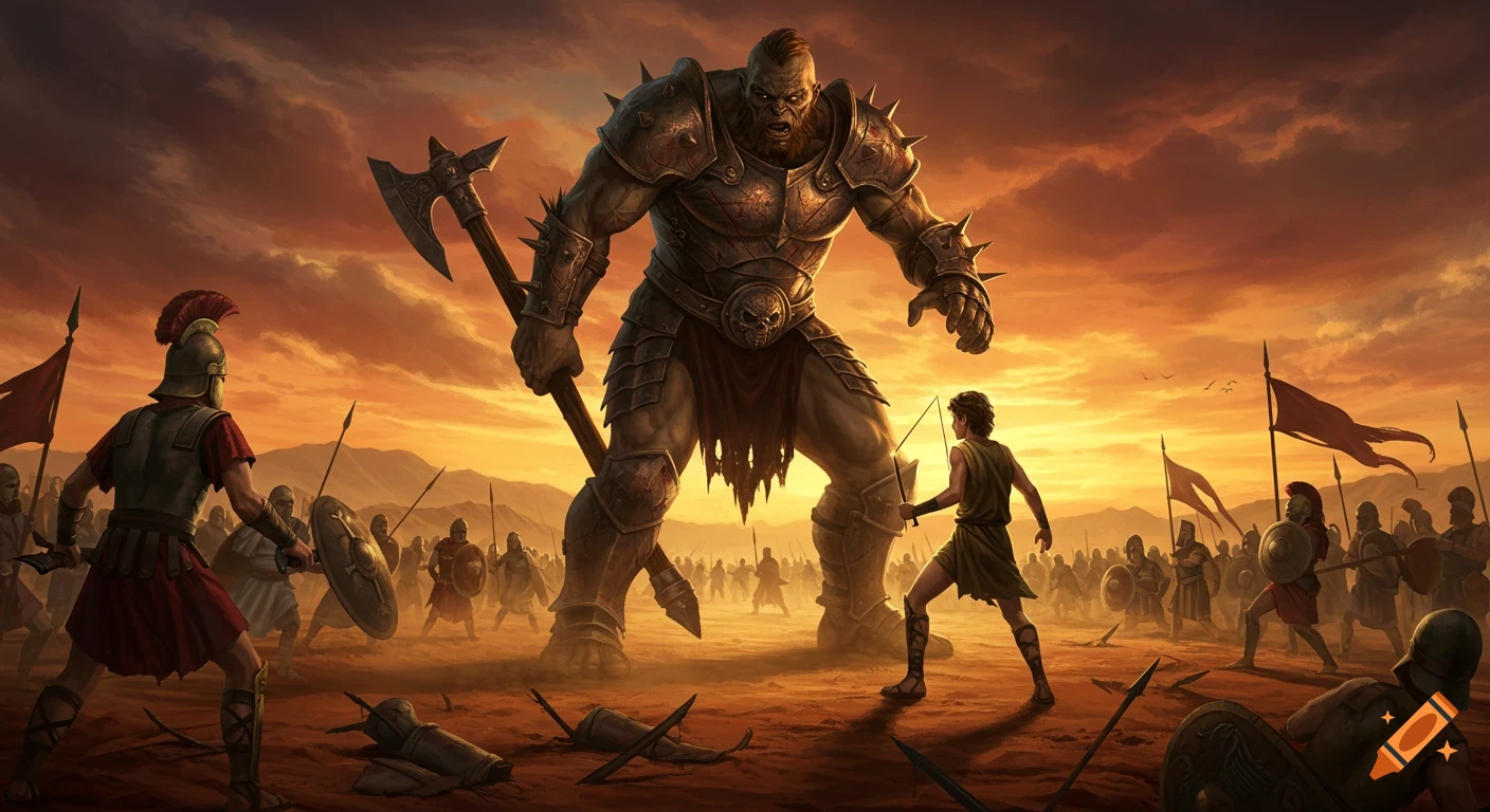 Fantasy art of David and Goliath on a battlefield at sunset surrounded by soldiers.