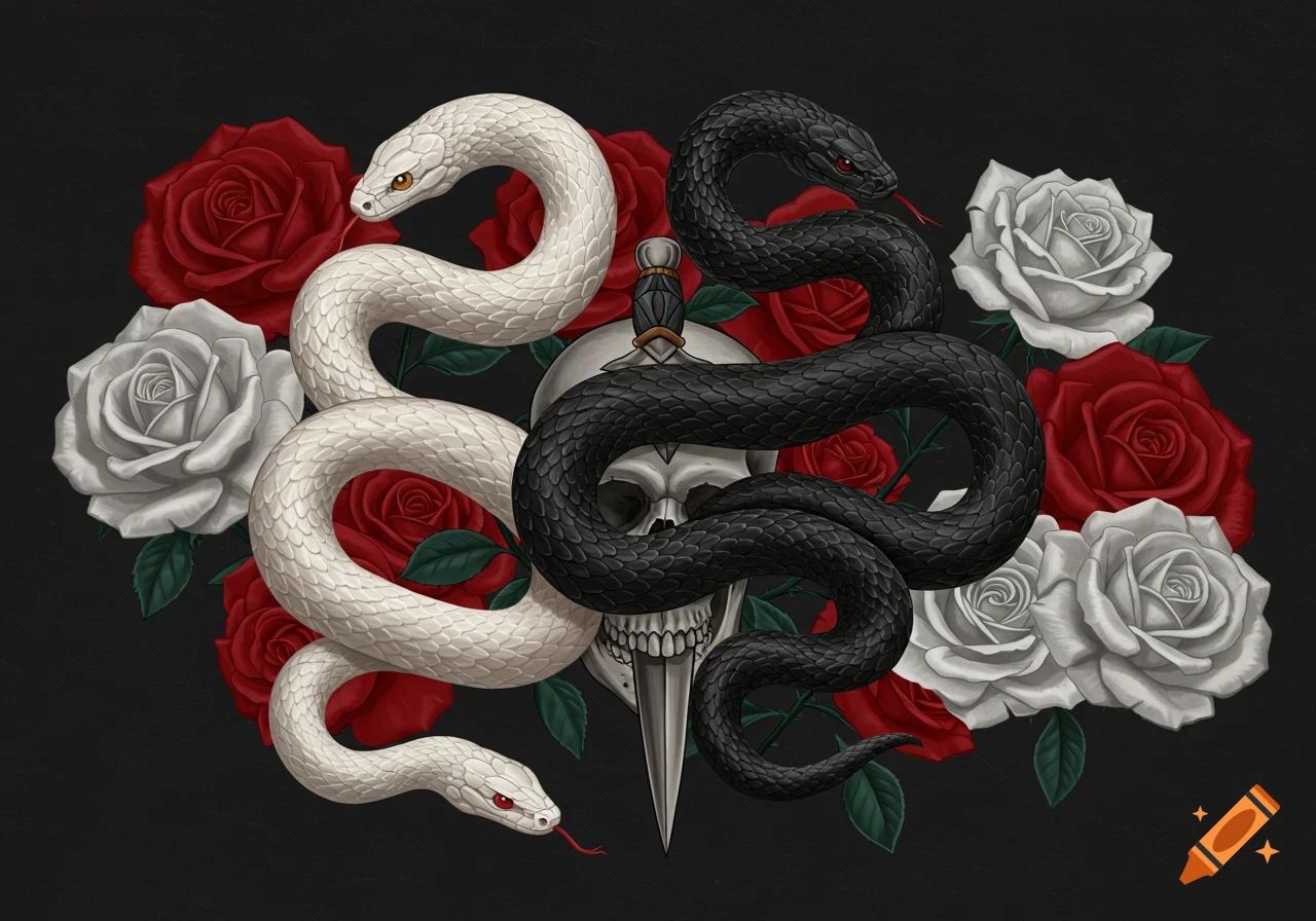 A white and a black snake coiled around a skull with a dagger, surrounded by red and white roses.